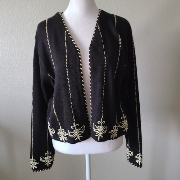 Vintage 90s Wool Cardigan Sweater Medium Casual Corner Metallic‎ Gold Embroidery - Picture 4 of 13